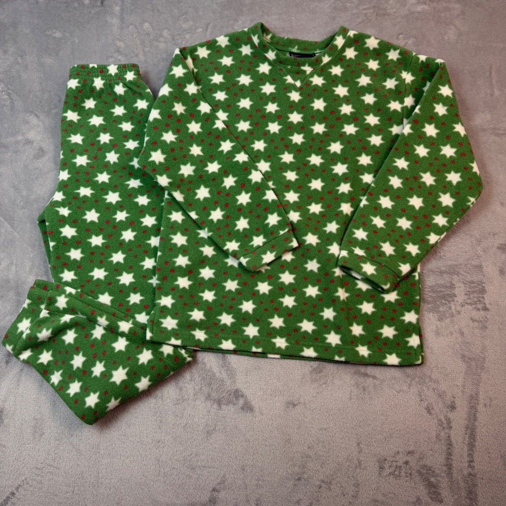 Lands End Pajama Set Girls M 10-12 Green Star Fleece PJ 2 Piece Holiday 61297;